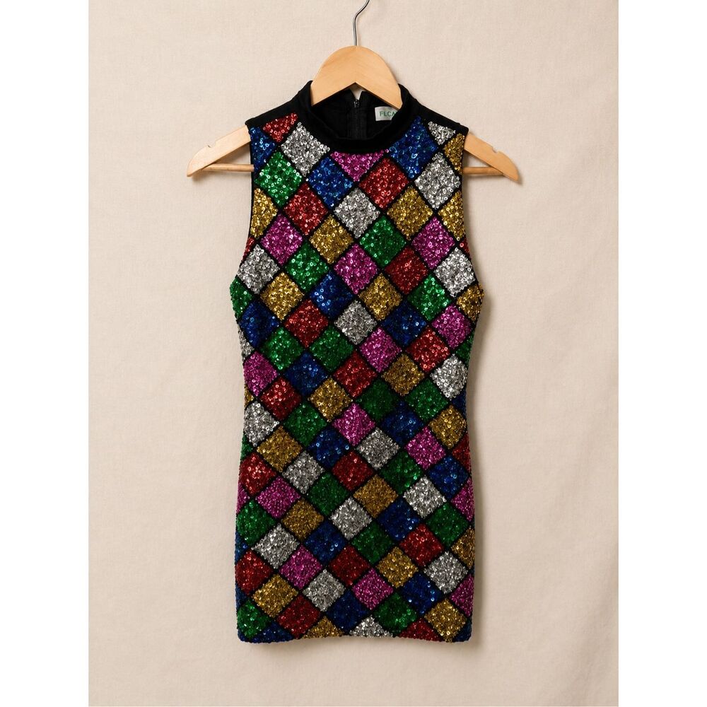 Sequin Harlequin Micro Mini Dress Multicolor Mock Neck Sleeveless Size M